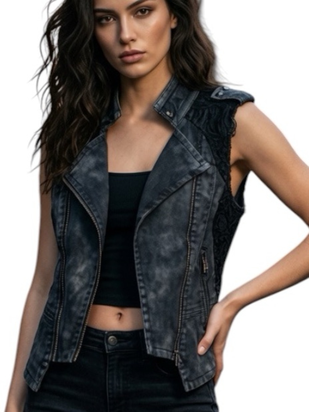 DOUBLE ZERO: Lace Embellished Jean Jacket Vest - Size Small